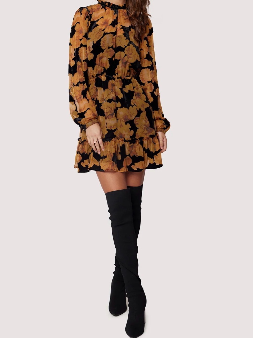 Lost + Wander Black Mini Dress with Mustard Floral Print